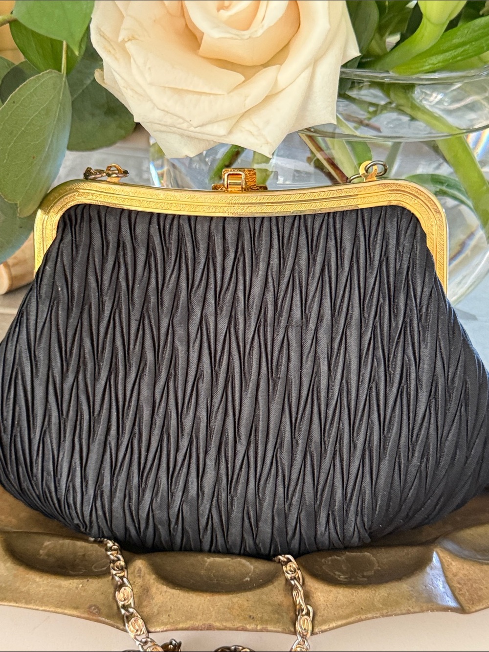 Carla Marchi Classic Black Satin Evening Bag Accordion Pleat Crystal Gold Clasp - Picture 3 of 8